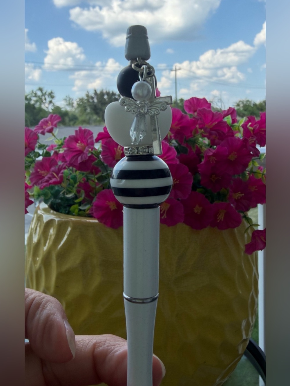 Handcrafted Beaded Black & White Ballpoint Pen With Black Ink